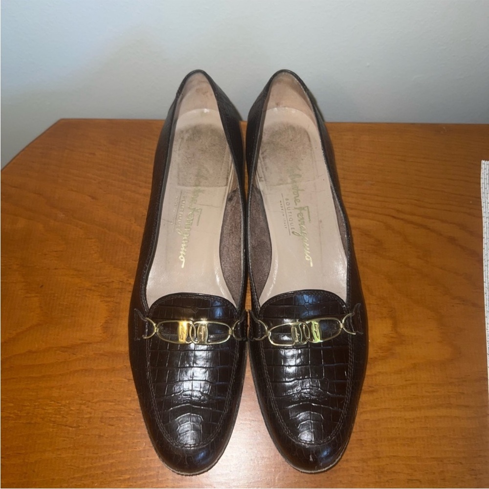 Ferragamo Castoro Brown Crocodile Print Slip-Ons